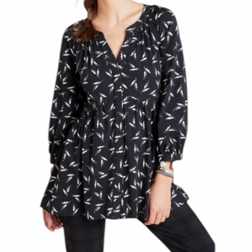 Anthropologie Maeve Black Printed Babydoll Blouse Medium Boho Peasant Top